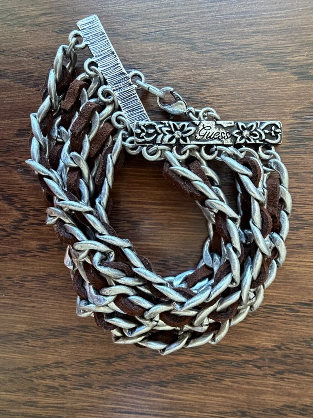 GUESS Multi-Strand Chain & Genuine Suede Cuff Bracelet, 7”(L)
